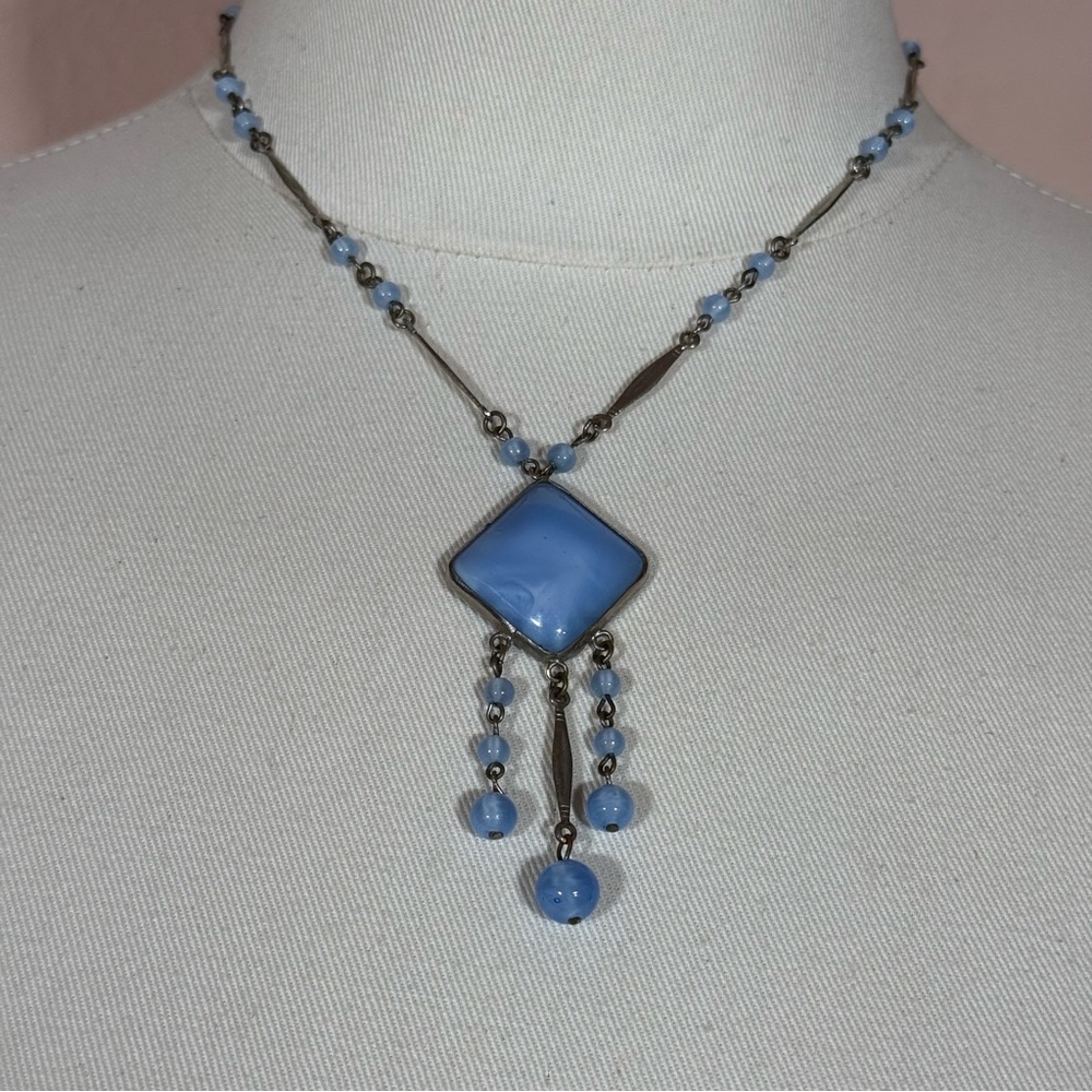 Antique 1920 Art deco Czechoslovakian blue frosted glass brass necklace 16 inch